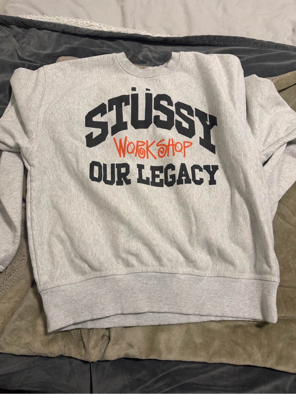Stussy x Our legacy | Light Gray Crewneck with Black & Orange Logo